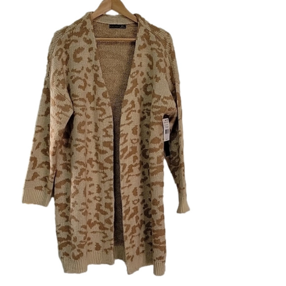 Animal Print Long Leopard Beige Open Front Collarless Knitted Duster Cardigan XL - Picture 2 of 13